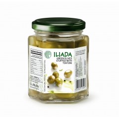 Greek Iliada Green Olives stuffed with tzatziki. 250gm.